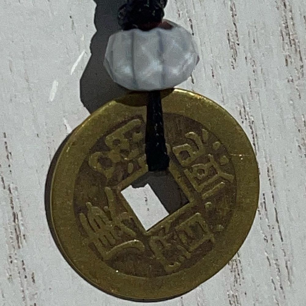 HANDMADE CASH COIN AND WHITE BEAD BLACK CORD NECKLACE - Picture 3 of 7